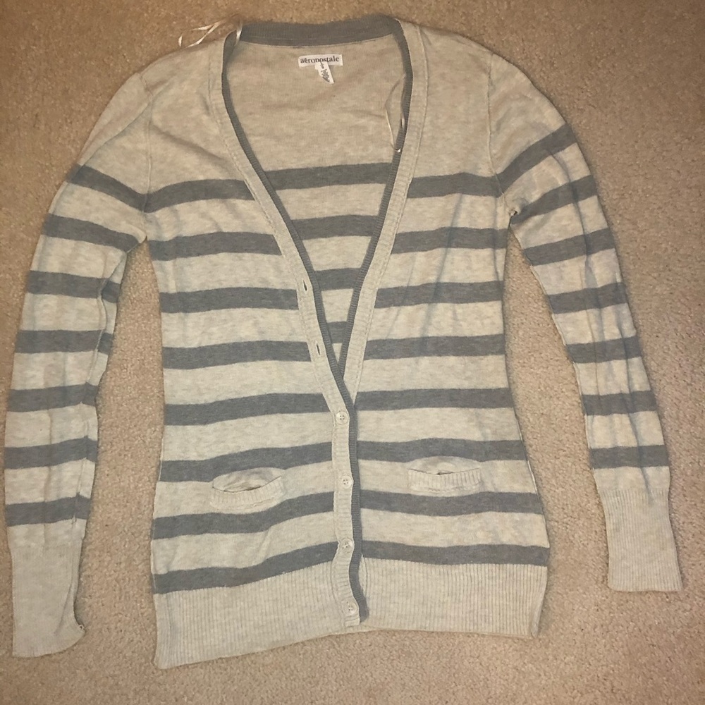 Cream and gray striped long cardigan